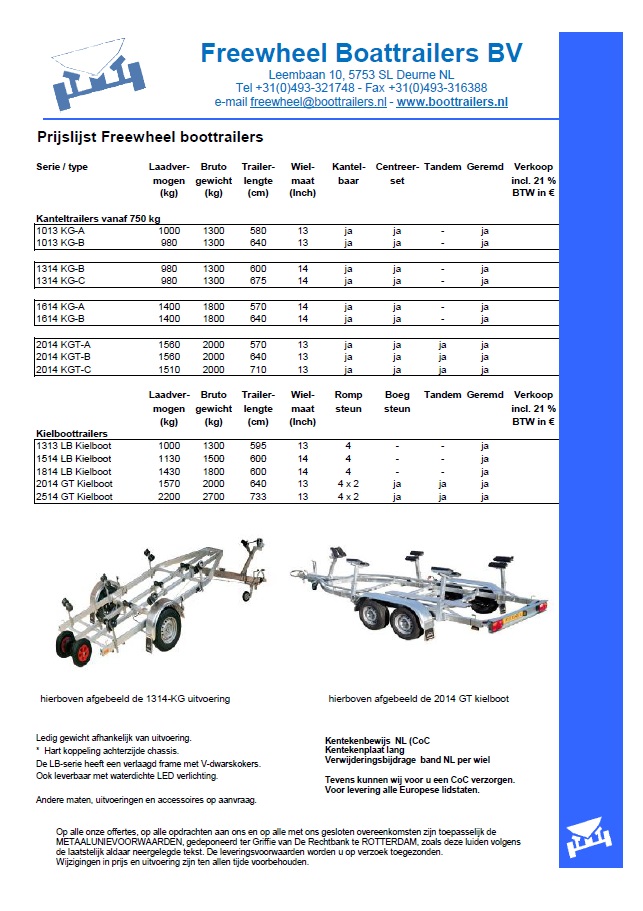 Freewheel prijslijst kielboottrailer