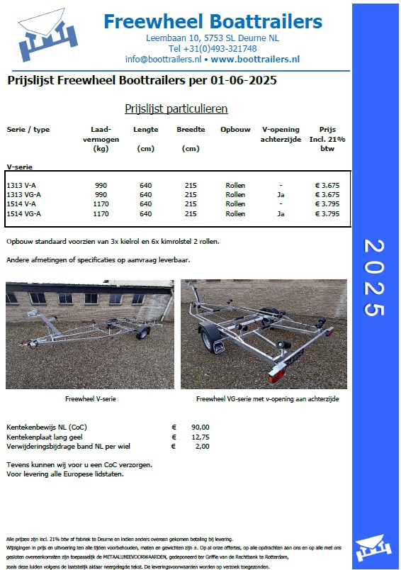 Prijslijst Freewheel boottrailers V-serie